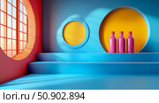 Surreal Interior, Bright Color Palette: Three Bottles on a Stepped Platform with Circular Window Openings. Стоковое AI-изображение, AI-художник Данила Большаков / Фотобанк Лори
