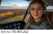 Portrait of a happy aviator in a plane cockpit with control panel and wooded landscape outside. Стоковое AI-изображение, AI-художник Данила Большаков / Фотобанк Лори
