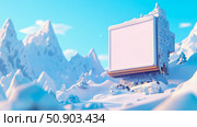 Winter advertising billboard mock-up in snow mountain landscape, cold season advertising, outdoors marketing campaign in winter. Стоковое AI-изображение, AI-художник Данила Большаков / Фотобанк Лори