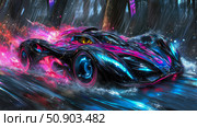 Concept: Futuristic hypercar racing through a digital forest. Стоковое AI-изображение, AI-художник Данила Большаков / Фотобанк Лори