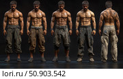 Multiple standing muscular survivalist man characters in varied post-apocalyptic attire. Стоковое AI-изображение, AI-художник Данила Большаков / Фотобанк Лори