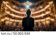 A silhouetted performer stands on the magnificent stage of a grand opera house, facing a packed audience under a brilliant spotlight, ready for a captivating show, perfect for a concert poster. Стоковое AI-изображение, AI-художник Данила Большаков / Фотобанк Лори