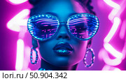 Glamorous woman portrait with trendy luminous glasses and sparkling lips in vibrant neon light. Стоковое AI-изображение, AI-художник Данила Большаков / Фотобанк Лори
