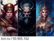 Fantasy style art, done in watercolor, depicting three characters: an elven warrior with deer horns, a powerful dark mage with horns and a beard, and a majestic queen in a crown with magical radiance. Each character has its own unique atmosphere, elaborate costume and expressive face. The work is filled with mysticism, epicness and drama, perfect for decorating fantasy projects, card games or book covers. Стоковое AI-изображение, AI-художник Анна Кривицкая / Фотобанк Лори