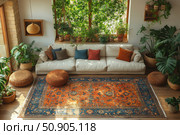 A cozy boho-style living room with a large white sofa, lots of colorful pillows, a bright oriental rug and plenty of live plants. The space is filled with natural light, greenery and elements made of natural materials: wicker poufs, flowerpots, wooden floor. The interior creates an atmosphere of coziness, freshness and natural harmony. Suitable for eco-design, home comfort, Scandi style and green interior themes. Стоковое AI-изображение, AI-художник Анна Кривицкая / Фотобанк Лори