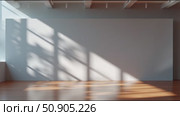 Bright sunlight casts intricate shadows on a minimalist wooden floor in a spacious room. Стоковое AI-видео, аниматор Сергей Толмачёв / Фотобанк Лори