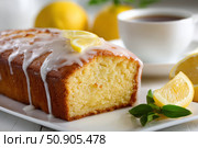 Homemade lemon drizzle cake with icing. Classic lemon pound cake with citrus glaze and zest. Whole loaf, side view, close up. Fresh homemade baked dessert with lemon slices. Blurred tea set background. Стоковое AI-изображение, AI-художник Марина Демидюк / Фотобанк Лори