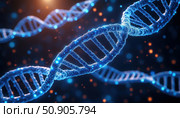 A blue and orange DNA strand is shown in a black background. Стоковое AI-изображение, AI-художник Ярославский Максим / Фотобанк Лори