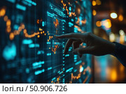 Contemporary image of a hand interacting with a digital interface displaying graphs and data. The scene symbolizes technology, analytics, stock trading, big data and digital transformation. The aesthetics of the photo emphasize high-tech style, futurism and information management. Suitable for illustrating topics in the field of fintech, artificial intelligence, blockchain, investment and IT. Стоковое AI-изображение, AI-художник Анна Кривицкая / Фотобанк Лори