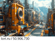 Futuristic industrial zone in the mountains — an image of a high-tech factory with elements of science fiction. Huge industrial installations, bright yellow cases, pipes, cables and complex mechanisms create an atmosphere of a technological future. In the background there is a mountain range and a blue sky. Ideal for themes of future industry, innovation, automation and science fiction. Стоковое AI-изображение, AI-художник Анна Кривицкая / Фотобанк Лори