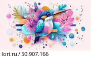 Playful Bird: A kingfisher illustration with tropical leaves and geometric shapes. Стоковое AI-изображение, AI-художник Данила Большаков / Фотобанк Лори