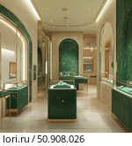 Luxurious interior of a jewelry boutique with emerald green marble finish and gold elements. Showcases with stylish lighting display elegant jewelry. Modern design is combined with classic symmetry and expensive materials, creating an atmosphere of exclusivity and premium service. The image is ideal for use in projects related to jewelry business, interior design, luxury and fashion. Стоковое AI-изображение, AI-художник Анна Кривицкая / Фотобанк Лори