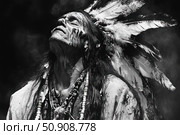 A black and white portrait of an elderly man wearing a traditional Native American feathered headdress, his face raised to the sky in a moment of spiritual concentration. His face is decorated with ritual patterns and colors, and his neck is adorned with beads and amulets. An emotional, powerful image that conveys respect for nature, ancestral wisdom, and connection with spirits. Ideal for illustrating themes of shamanism, ethnography, cultural identity, and strength of spirit. Стоковое AI-изображение, AI-художник Анна Кривицкая / Фотобанк Лори