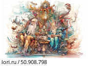 A fantasy-style watercolor illustration of two sages or wizards sitting on a fancy throne surrounded by fantastic creatures, plants and magical artifacts. One of the characters holds a book, the other a cup, and they are engaged in a friendly conversation. Rich detail, bright colors and a fairy-tale atmosphere make the image ideal for decorating books, games, posters, postcards or decorative panels in the fantasy and mythology genre. Стоковое AI-изображение, AI-художник Анна Кривицкая / Фотобанк Лори