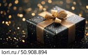 Gift Box With Golden Ribbon and Confetti Celebrating a Special Occasion. Стоковое AI-изображение, AI-художник Юлия Гапеенко / Фотобанк Лори