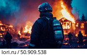 Heroic Firefighter Facing Inferno - Duty and Bravery, Confronting a Raging House Fire. Стоковое AI-изображение, AI-художник Данила Большаков / Фотобанк Лори