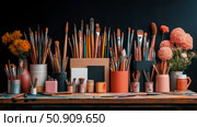 Artist's Still Life: A Collection of Paintbrushes and Flowers in a Studio Setting. Стоковое AI-изображение, AI-художник Данила Большаков / Фотобанк Лори