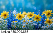 Spring Bloom: A Colorful Field of Yellow Coreopsis, Blue Delphinium, and White Daisy Blossoms Against a Soft Blue Backdrop. Стоковое AI-изображение, AI-художник Данила Большаков / Фотобанк Лори
