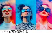 Triptych Portrait: Three Women Wearing Reflective Eyewear against Colorful Vaporwave. Стоковое AI-изображение, AI-художник Данила Большаков / Фотобанк Лори