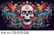 Skull Ornate Arrangement: Complex Symbolism, Decorative Skulls with Wings and Swirling Patterns for T-shirt or Poster, Dark Artistic Motif. Стоковое AI-изображение, AI-художник Данила Большаков / Фотобанк Лори