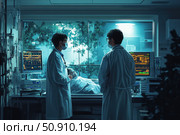 Modern illustration of an intensive care unit or resuscitation room scene. Two doctors in medical gowns and masks discuss the condition of a patient connected to vital signs monitoring equipment. In the background, there is a window with a view of trees and medical equipment. The atmosphere is tense but focused, conveying the care and professionalism of the medical staff. Suitable for healthcare, medical care, clinical practice and modern technology in medicine themes. Стоковое AI-изображение, AI-художник Анна Кривицкая / Фотобанк Лори