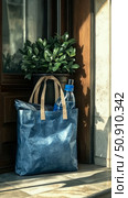 Grocery Shopping: A reusable blue shopping bag filled with items, sitting near a door with a potted plant. Стоковое AI-изображение, AI-художник Данила Большаков / Фотобанк Лори