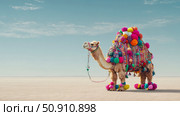 Decorated camel in desert with colorful pompons and traditional saddle blanket, against a backdrop of pale sky and salt flats. Стоковое AI-изображение, AI-художник Данила Большаков / Фотобанк Лори