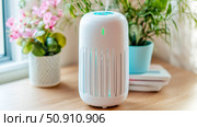 Wellness Concept: Ultrasonic humidifier with mist, plants and books for home comfort. Стоковое AI-изображение, AI-художник Данила Большаков / Фотобанк Лори