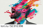 Man’s Inner Turmoil: A portrait of inner torment and explosion of emotions with vibrant color splashes expressing struggle and emotional release. Стоковое AI-изображение, AI-художник Данила Большаков / Фотобанк Лори