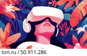 Woman with a VR headset surrounded by tropical foliage, creating a sense of immersion in a vibrant artificial environment. Стоковое AI-изображение, AI-художник Данила Большаков / Фотобанк Лори