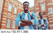 Student life: two young college students at school, design element for back to school promotion. Стоковое AI-изображение, AI-художник Данила Большаков / Фотобанк Лори