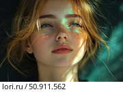 Portrait of a young girl with red hair and freckles on her face, illuminated by soft sunlight through the foliage. A deep, thoughtful look is directed upwards, the expression is filled with bright dreaminess. Natural beauty, natural lighting and a warm palette make the image ideal for advertising cosmetics, skin care, themes of youth, nature, purity and inspiration. Стоковое AI-изображение, AI-художник Анна Кривицкая / Фотобанк Лори
