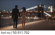 Romantic evening stroll along the waterfront with a view of city lights and iconic bridge. Стоковое AI-видео, аниматор Сергей Толмачёв / Фотобанк Лори