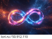 A 3D glowing infinity symbol composed of intertwining neon lights, floating in a vast cosmic space, created by ai. Стоковое AI-изображение, AI-художник Виталий Сова / Фотобанк Лори