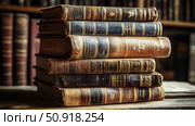 leatherbound stack of old books ai generated. Стоковое AI-изображение, AI-художник Vectorwin / Фотобанк Лори