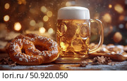 oktoberfest pretzel and beer ai generated. Стоковое AI-изображение, AI-художник Vectorwin / Фотобанк Лори