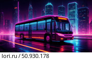 A neon bus is driving down a city street. Стоковое AI-изображение, AI-художник Ярославский Максим / Фотобанк Лори