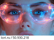 Close-up of a young woman's face wearing futuristic neon glasses. The bright combination of blue and pink-red light creates a cyberpunk effect and emphasizes the model's expressive blue eyes. The atmosphere of the photo conveys a sense of future technology, virtual reality and the digital world. Ideal for topics related to IT, innovation, VR/AR, science, fashion and futurism. Стоковое AI-изображение, AI-художник Анна Кривицкая / Фотобанк Лори