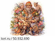 Watercolor illustration in a fairy-tale style: a wise, good-natured old man in bright clothes with a crown, surrounded by children, fantastic animals and flowers. The composition radiates warmth, kindness and an atmosphere of care. Next to the main character are women, children and magical little animals with expressive faces. The illustration is perfect for decorating children's books, greeting cards, posters, board games, and also as a visual image of family and magical stories. Стоковое AI-изображение, AI-художник Анна Кривицкая / Фотобанк Лори