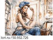 Stylized artistic illustration of a young woman in jeans and a top, sitting in an interior during renovation or finishing. On her head is a headscarf, creating associations with the image of a girl-craftsman or retro style. The ladder, wallpaper, scraps and tools in the background emphasize the atmosphere of the creative process, renewal, design. The image is feminine and confident, with a slight note of pin-up aesthetics. Стоковое AI-изображение, AI-художник Анна Кривицкая / Фотобанк Лори