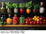 A bright and aesthetic composition of fresh vegetables, herbs and spices, neatly laid out in glass jars with cork lids. In the foreground are ripe red and yellow tomatoes, as well as herbs. The background is dark, the contrast emphasizes the richness of the colors. Ideal for topics related to cooking, healthy eating, homemade preserves, an eco-friendly lifestyle and gastronomic style. Стоковое AI-изображение, AI-художник Анна Кривицкая / Фотобанк Лори