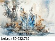 An elegant vintage watercolor illustration of two ladies in elegant 18th century dresses strolling through a wooded area. Their outfits are done in soft blue and peach tones, and on their heads are elegant hats with feathers and flowers. The atmosphere of the painting is fairy-tale, almost magical, with a slight haze and whimsical trees in the background. Perfect for fairy tale themes, historical fashion, romance and art illustration. Стоковое AI-изображение, AI-художник Анна Кривицкая / Фотобанк Лори
