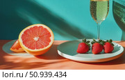 Enjoying a Vibrant Still Life With Strawberries and Grapefruit Against a Colorful Backdrop. Стоковое AI-видео, аниматор Юлия Гапеенко / Фотобанк Лори
