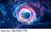 Otherworldly gateway to mountains with luminous circle, concept for portal or abstract dreamscape. Стоковое AI-изображение, AI-художник Данила Большаков / Фотобанк Лори
