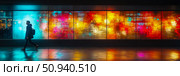 Urban commute: Man walking past vibrant abstract light panels in an underpass. Стоковое AI-изображение, AI-художник Данила Большаков / Фотобанк Лори