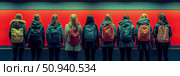 Conceptual Study of Group Identity with Backpacks Facing a Uniform Backdrop. Стоковое AI-изображение, AI-художник Данила Большаков / Фотобанк Лори