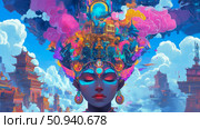 Spiritual realm: Surreal artwork depicting a serene woman whose thoughts manifest as an imaginative cityscape filled with colorful architecture and dreamlike clouds. Стоковое AI-изображение, AI-художник Данила Большаков / Фотобанк Лори
