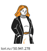 Stylish Woman in Black Coat and Orange Hair. Стоковая иллюстрация, иллюстратор Андрей Апоев / Фотобанк Лори