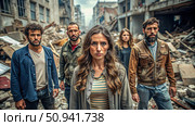 A Group of Survivors Standing Amid st Rubble in a Post-Disaster City. Generative AI. Стоковое AI-изображение, AI-художник Roman Zavorotny / Фотобанк Лори