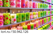 Colorful Scented Candles Displayed on Store Shelves. Generative AI. Стоковое AI-изображение, AI-художник Roman Zavorotny / Фотобанк Лори